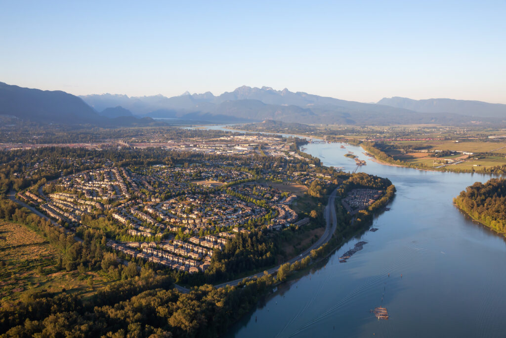 Aerial view of residential neighborhood in Coquitlam roofing resilience roofing