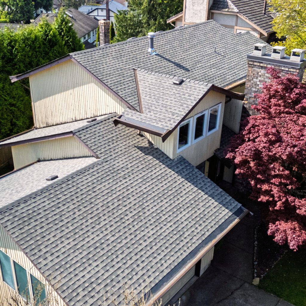 Arial Shot of a newly installed GAF Asphalt Laminate Shingle Roof by Resilience Roofing, in Coquitlam BC.